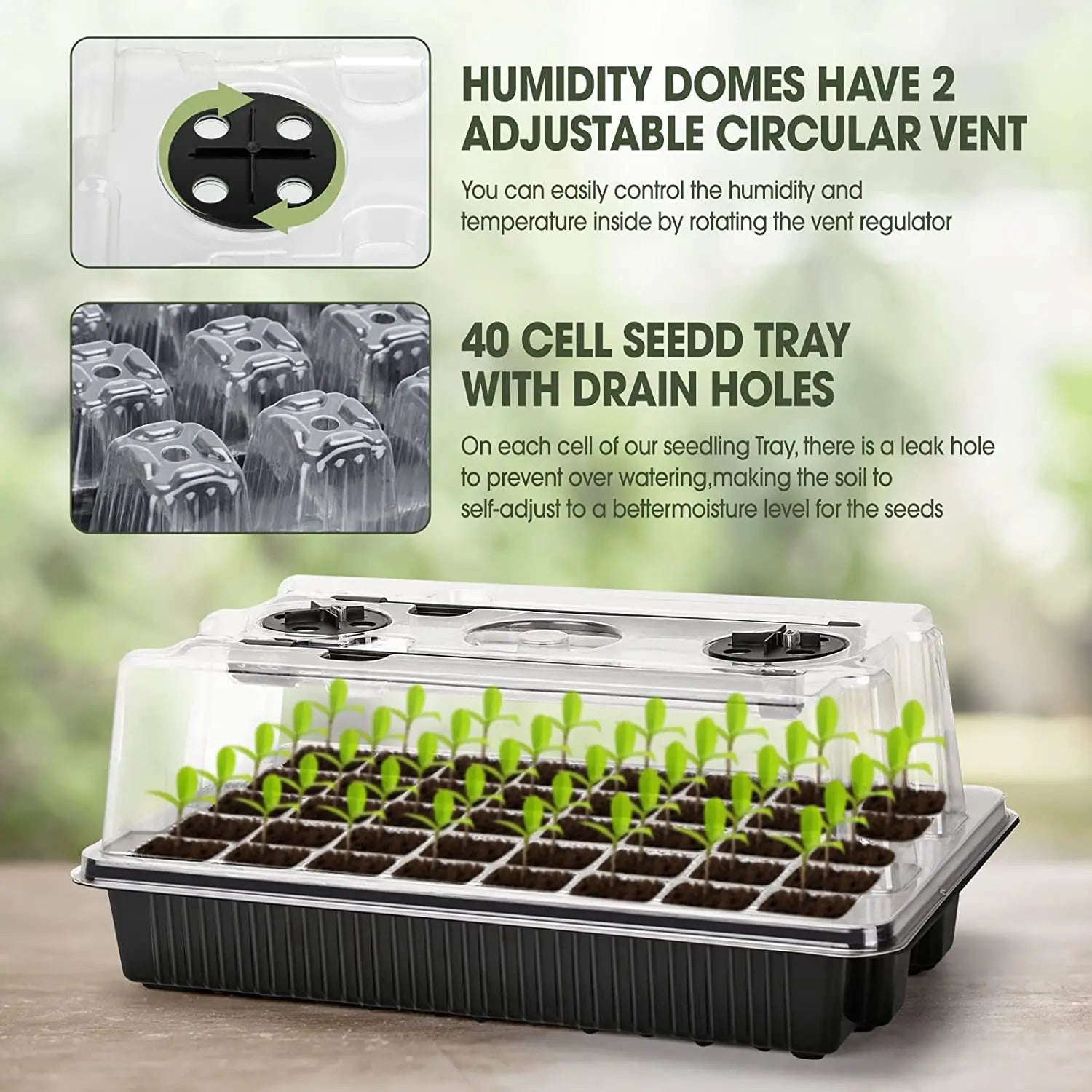 Seed Starter Tray 40 Cells with 2 LED Grow Lights and Humidity Dome for Home Gardening