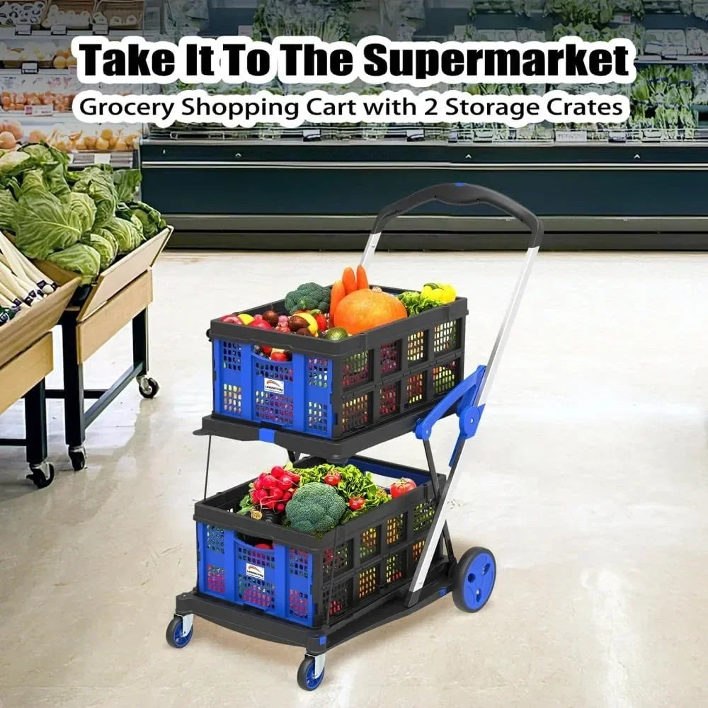 Shopping Cart Folding Utility Trolley with 2 Storage Crates and Wheels – Blue