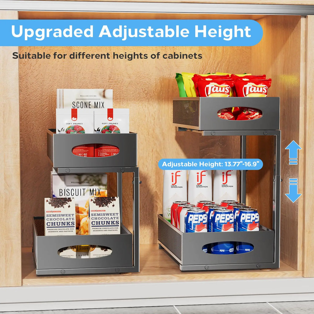 Under Sink Organizers and Storage – Adjustable 2 Tier Metal Pull-Out Cabinet Organizer – Bathroom, Kitchen, Pantry - White