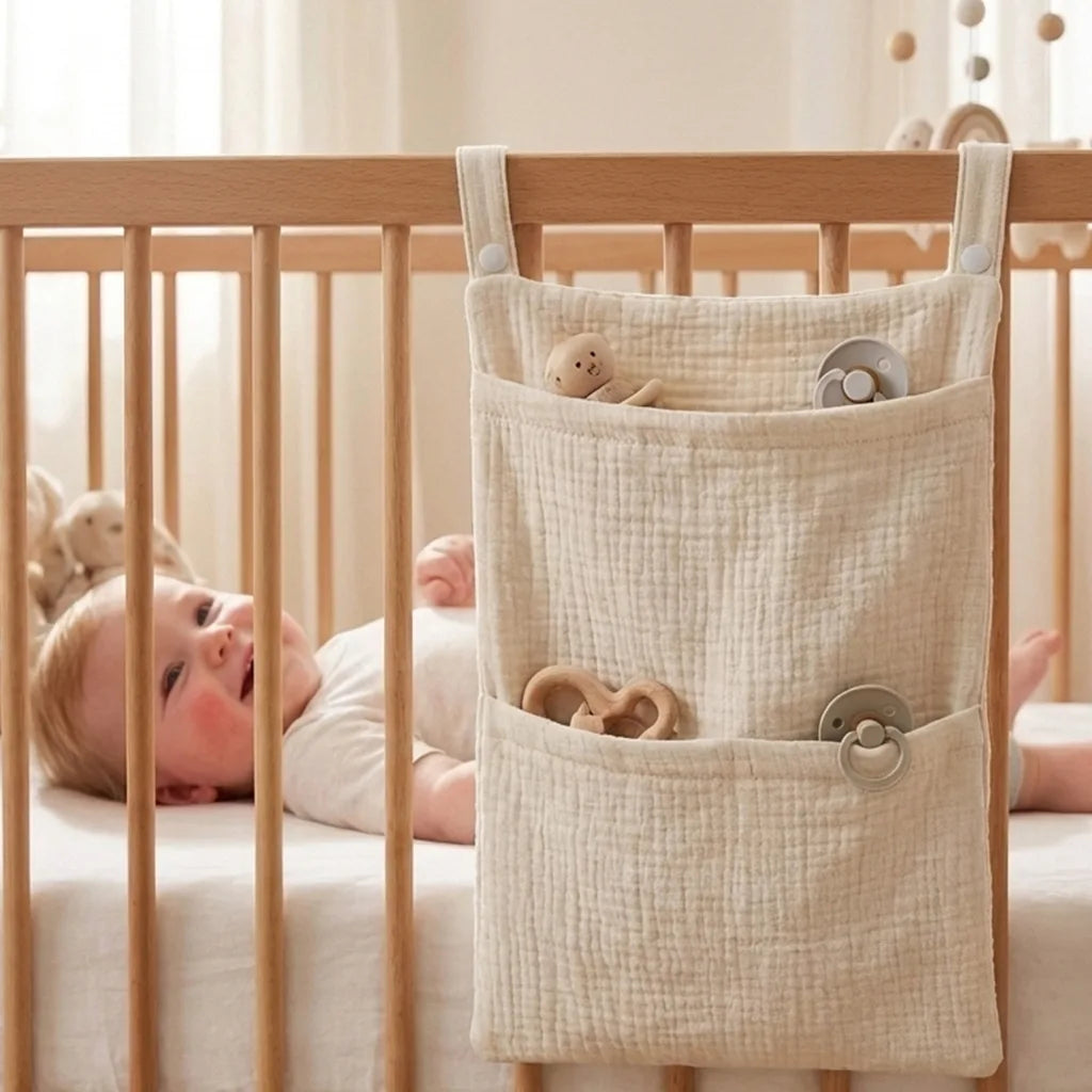 Cotton Diaper Storage Bag 2 Layer Bedside Hanging Pouch Stroller Organizer - White