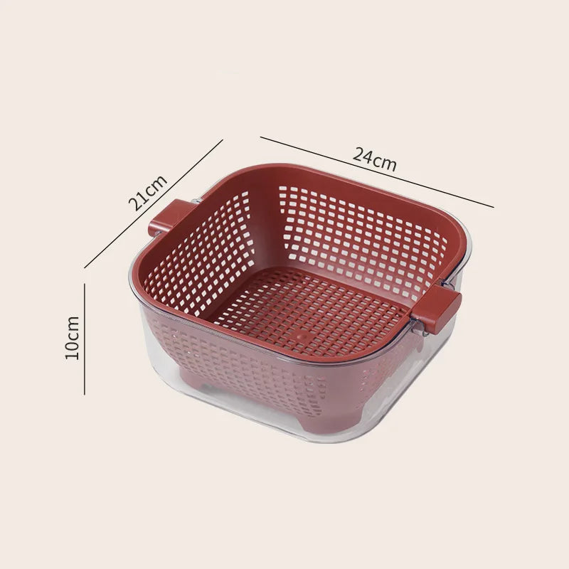 Kitchen Double Drain Wash Basket Large Capacity Fruit and Vegetable Washing Basin with Colander – Red