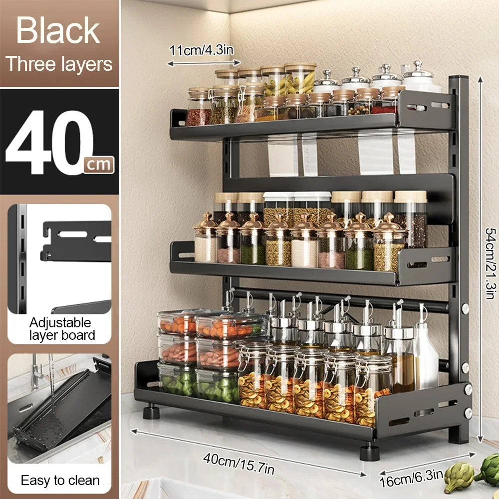 3 Tier Spice Storage Rack 40cm Adjustable Steel Countertop Organizer Black