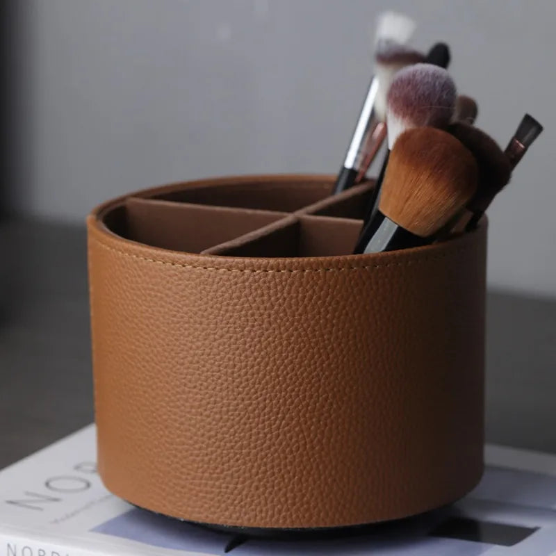 Storage Box Rotating Leather Desktop Organiser with Divided Storage - Grey