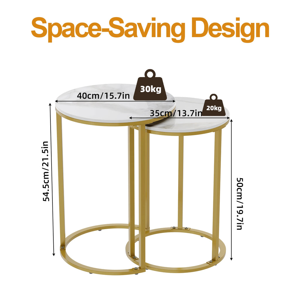 Nesting Side Table Set 2 Piece Sintered Stone Top Round Metal Base – Gold