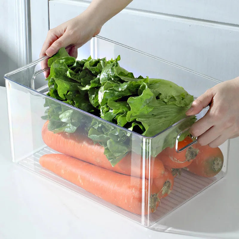 Small Refrigerator Storage Bin Transparent Stackable Food Organizer Container with Carry Handles