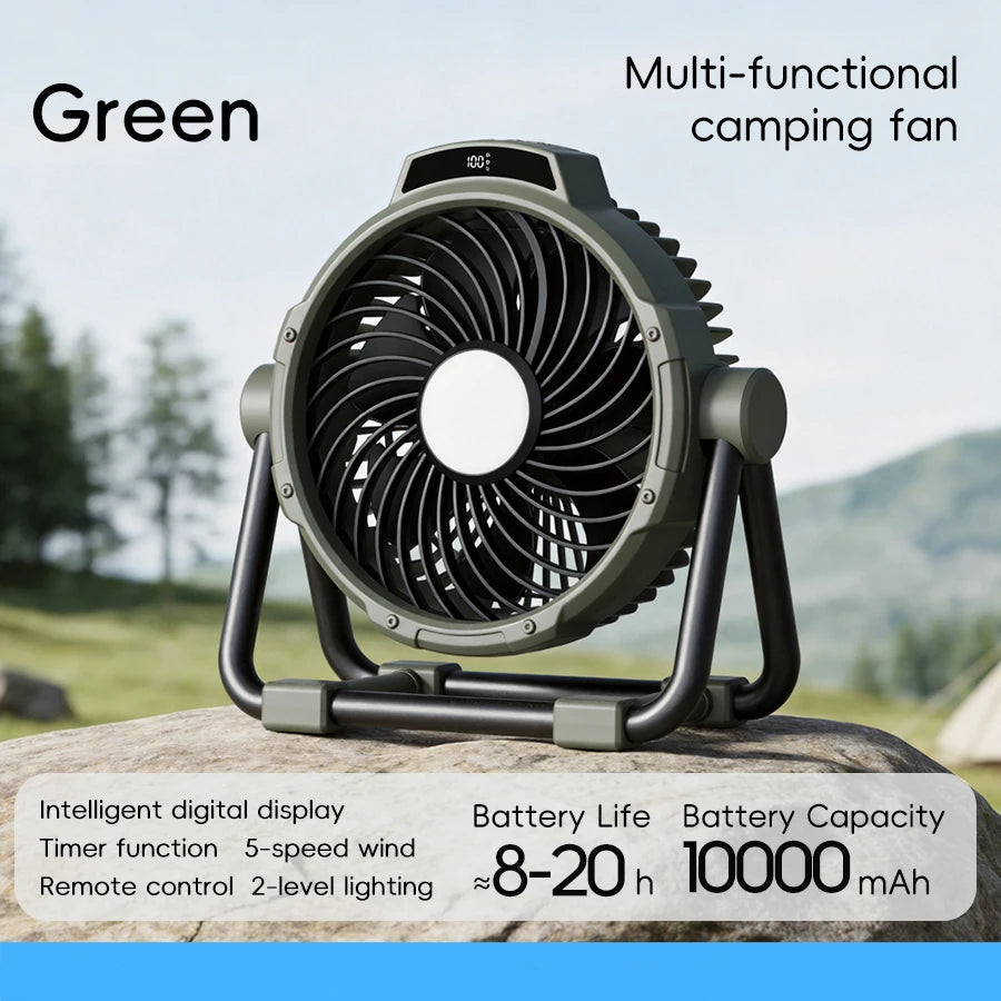 Camping Fan 10000mAh Rechargeable Portable Tent Air Circulator with LED Light – Green