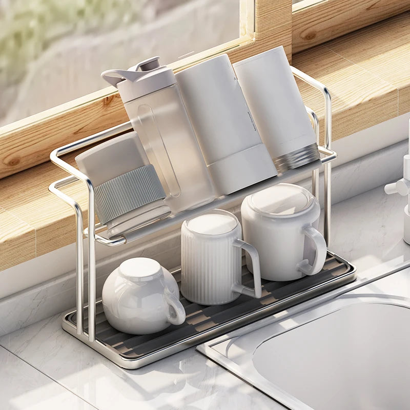 Cup Drying Rack Double Layer Stainless Steel Kitchen Cup Holder Drain Tray Organiser