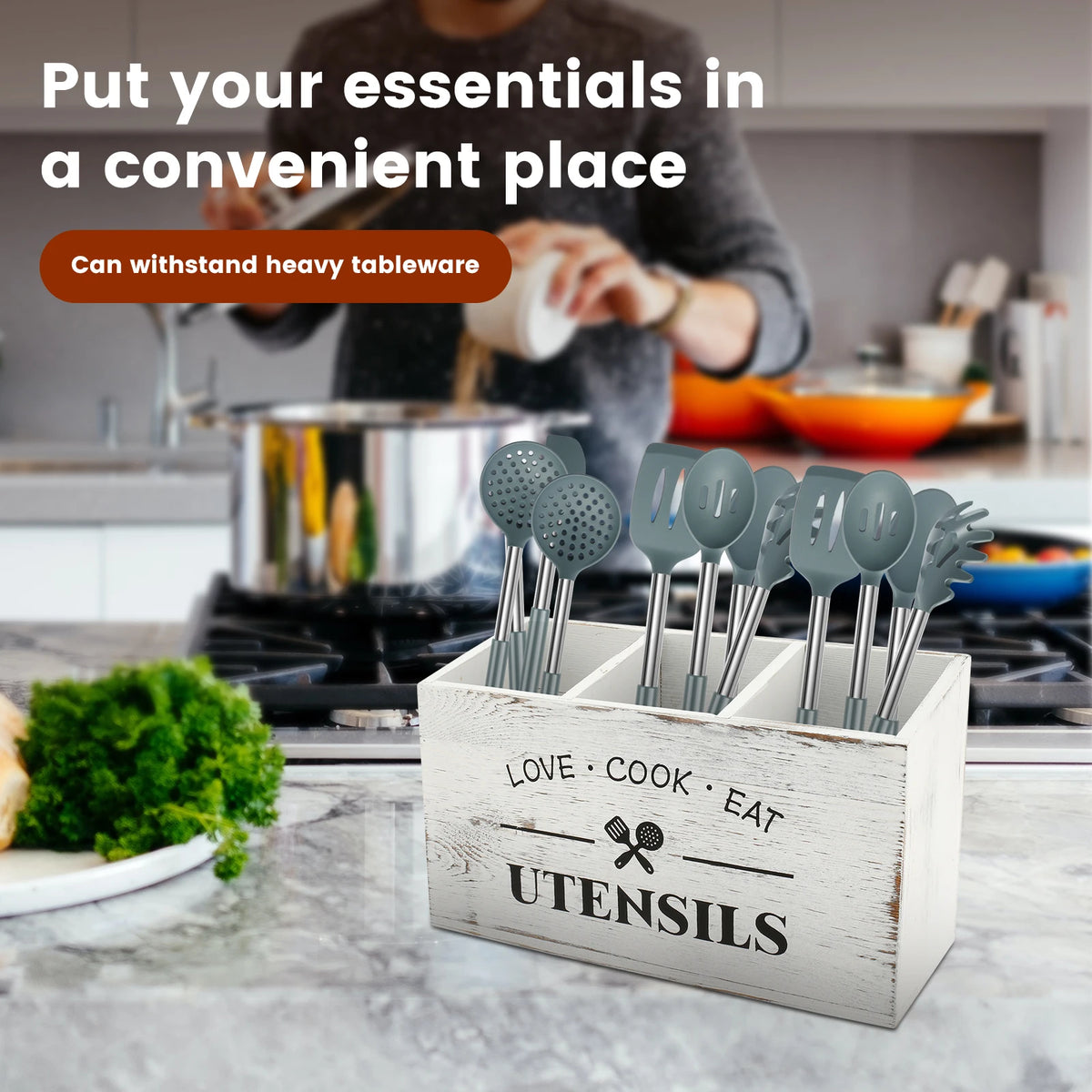 Utensil Holder 3 Compartment 30 × 12 × 17.5 cm Wooden Kitchen Cutlery Organiser - White