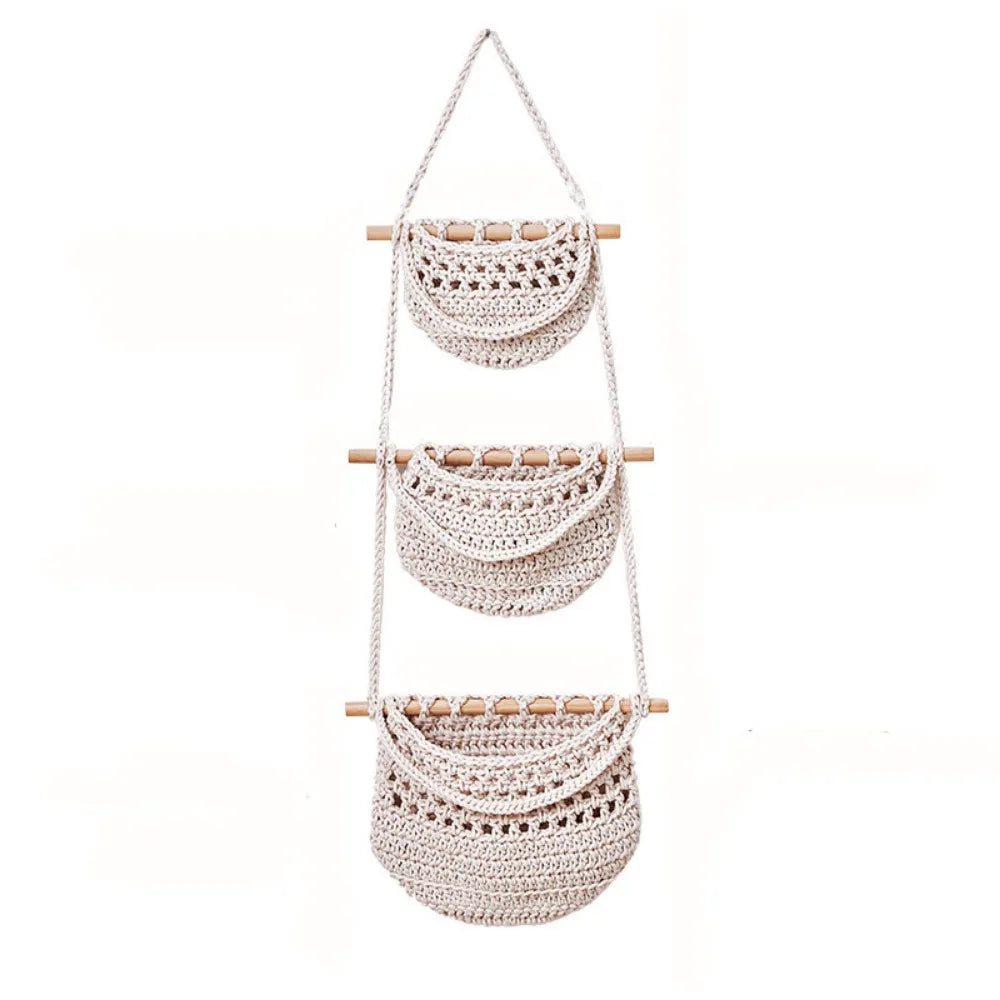 3 Tier Cotton Rope Hanging Storage Basket Wall Mounted Organizer – White