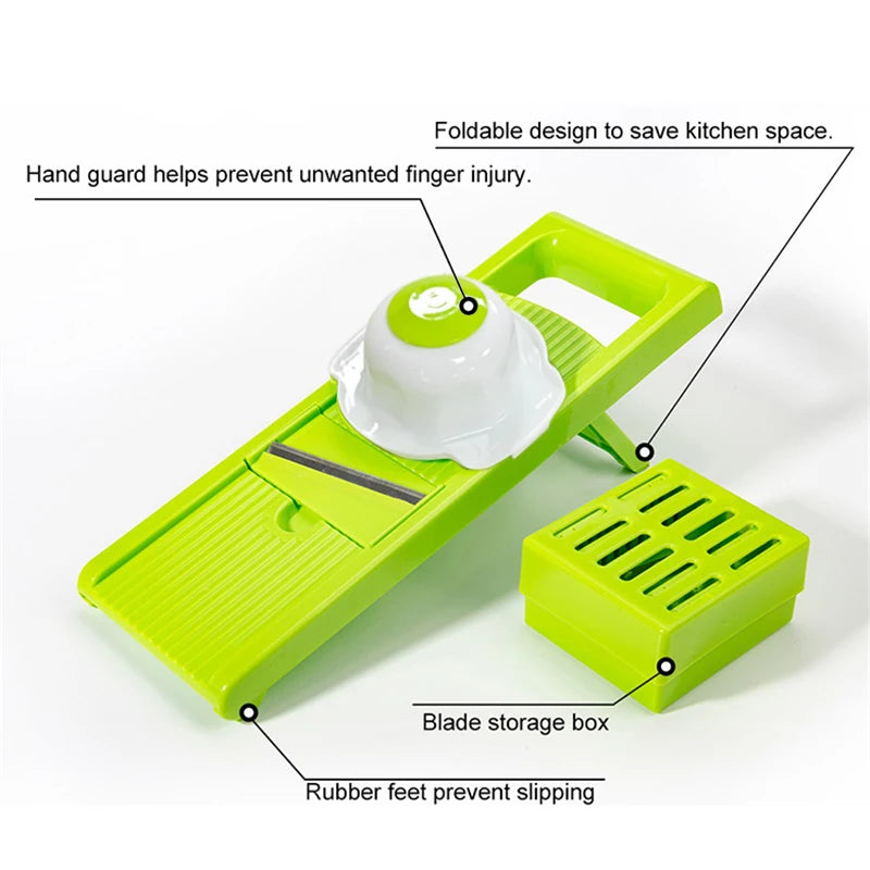 Mandoline Slicer Stainless Steel Vegetable Cutter with 6 Interchangeable Blades Storage Box – Green