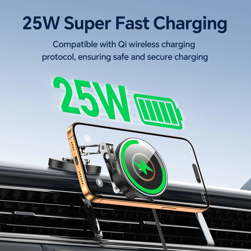 Car Phone Holder 25W Wireless Charging Dashboard Mount Adjustable Zinc Alloy Charging Stand Universal