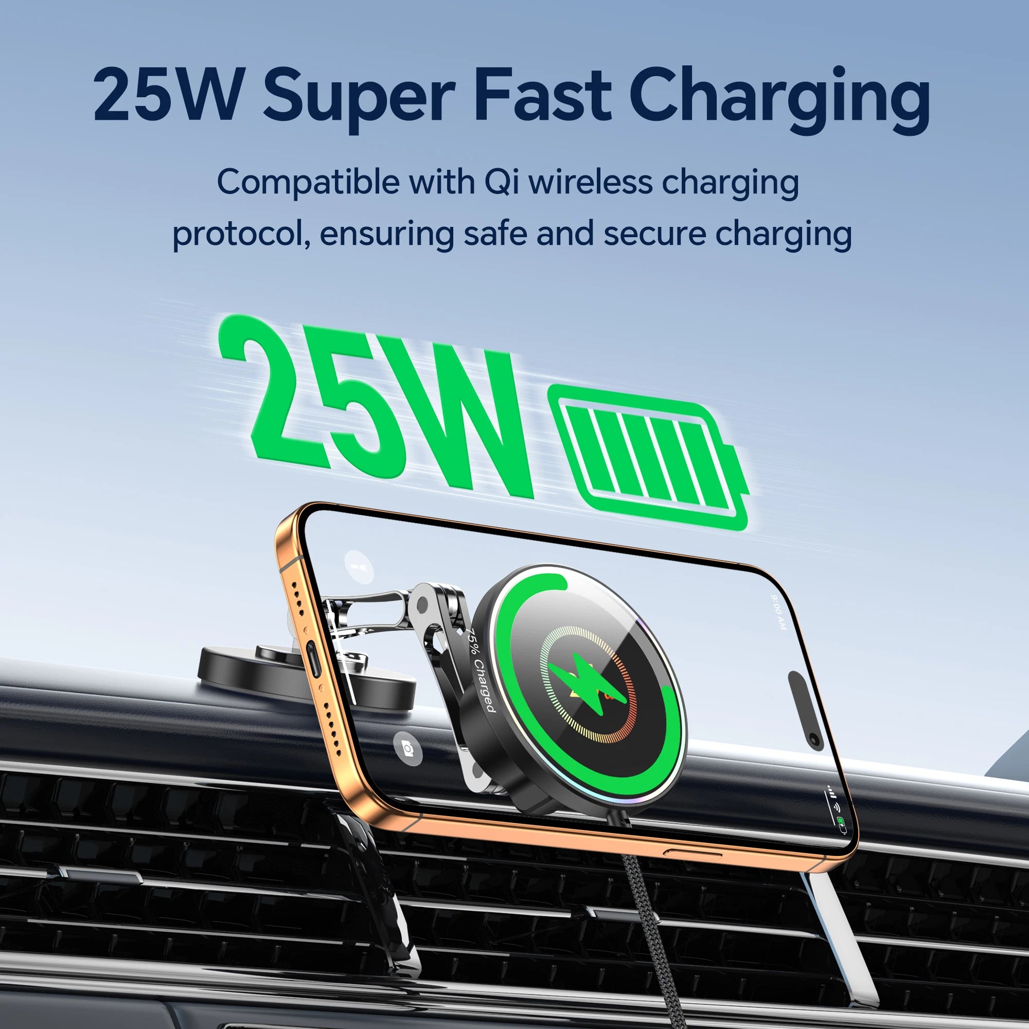 Car Phone Holder 25W Wireless Charging Dashboard Mount Adjustable Zinc Alloy Charging Stand Universal
