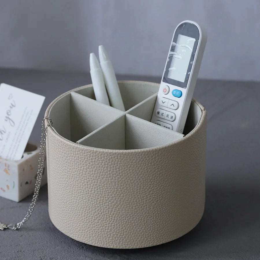 Storage Box Rotating Leather Desktop Organiser with Divided Storage - Grey
