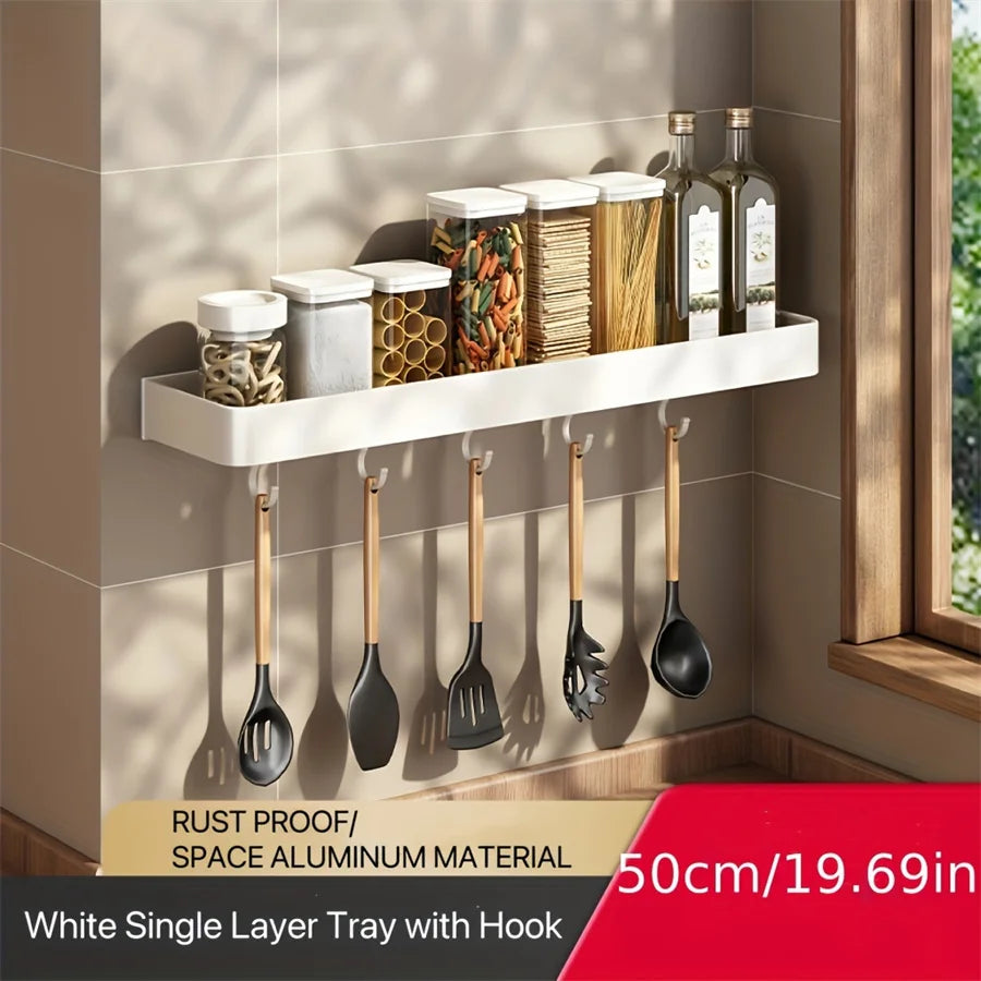Wall Mounted Aluminum Kitchen Spice Rack with Hooks Storage Shelf Organizer – 50cm