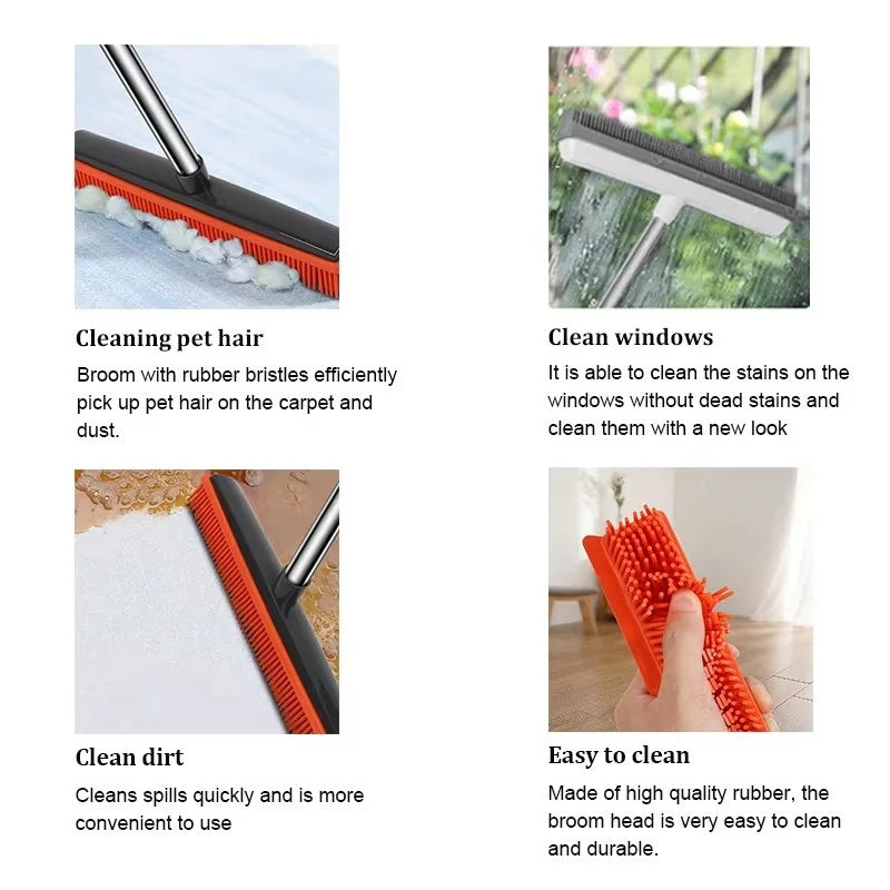 Rubber Broom with Squeegee Adjustable Handle Pet Hair Carpet Cleaner - Red