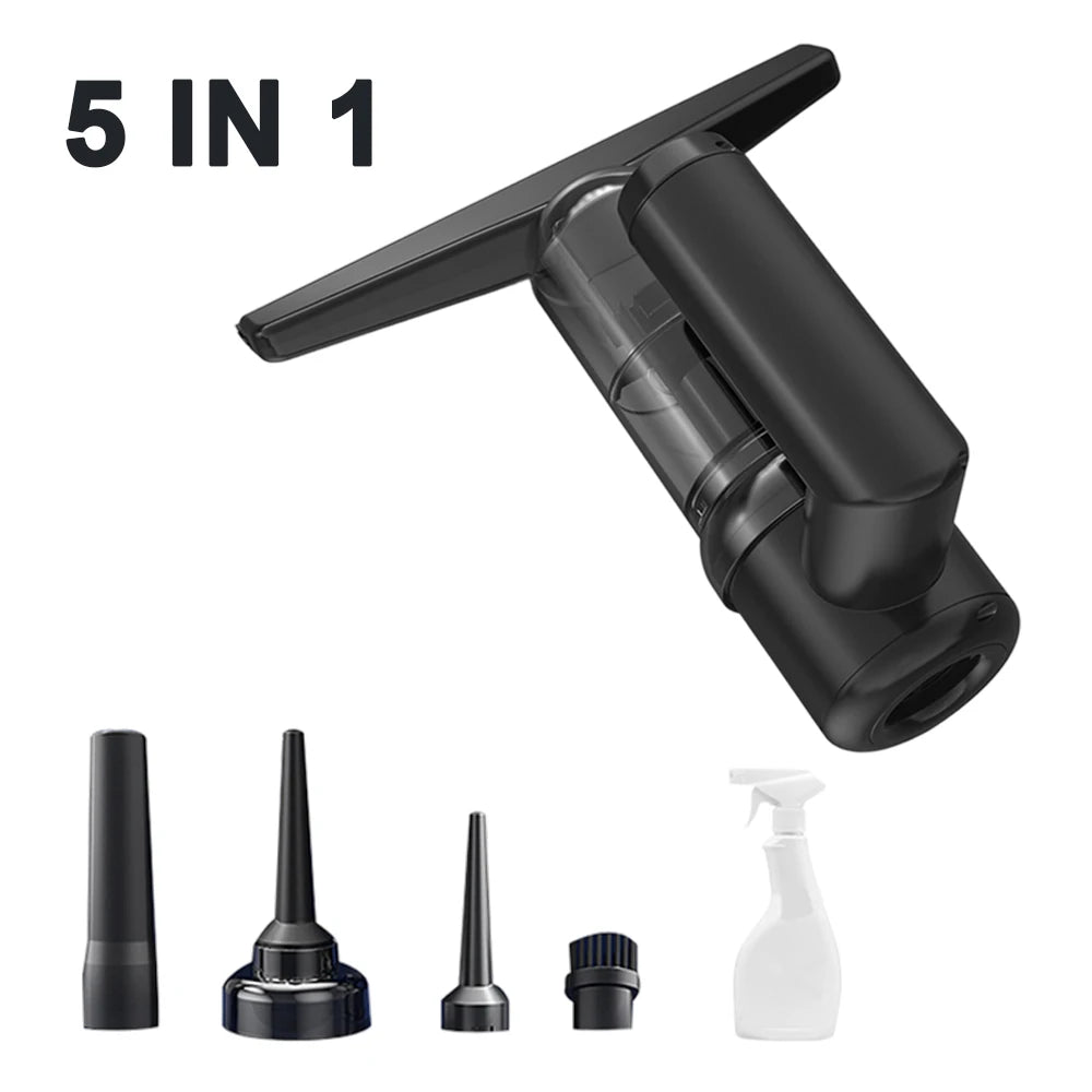 5000PA Cordless Vacuum Cleaner – Multi-Purpose Car & Window Cleaner – Strong Suction Handheld Cleaner with Glass Wiper & Brush - Black