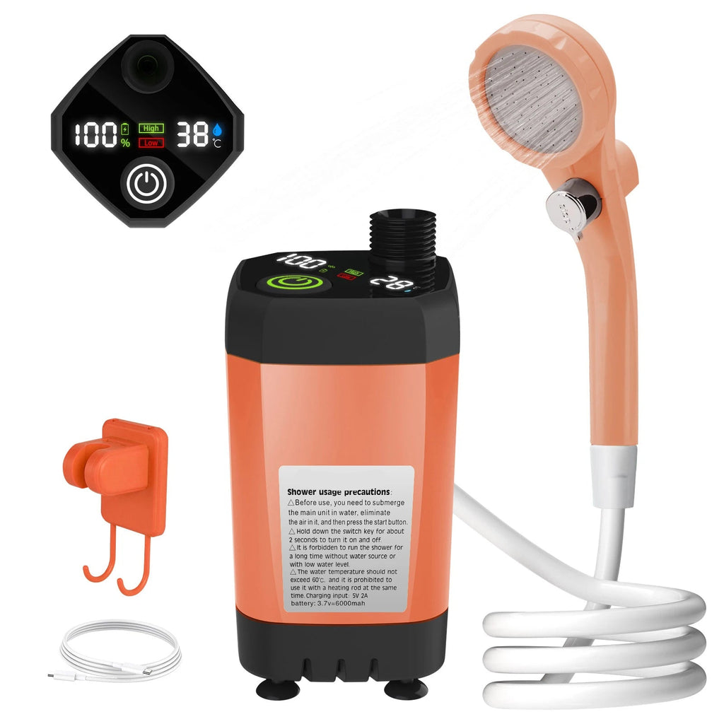 Portable Camping Shower Pump 6000mAh Rechargeable Digital Display Outdoor Shower Kit - Orange