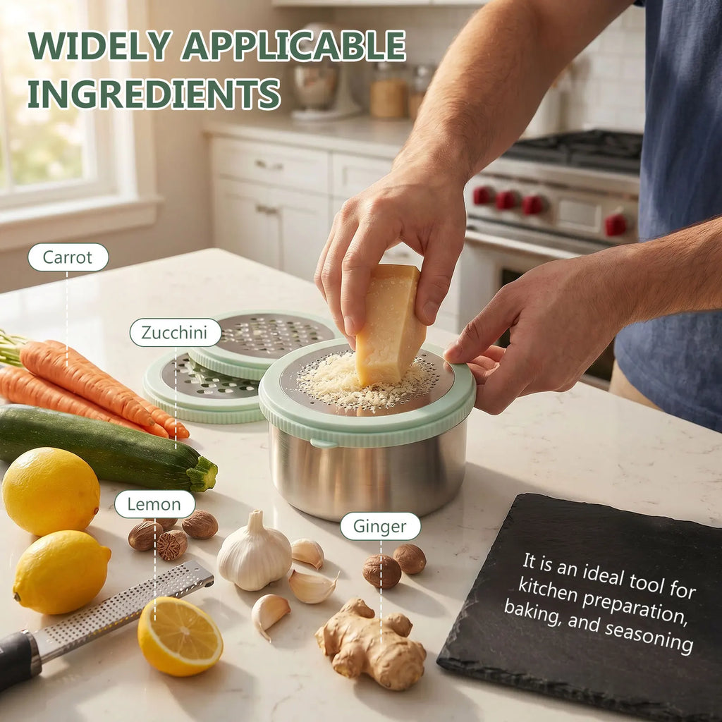4-in-1 Cheese Grater Stainless Steel Food Shredder With Container – Green