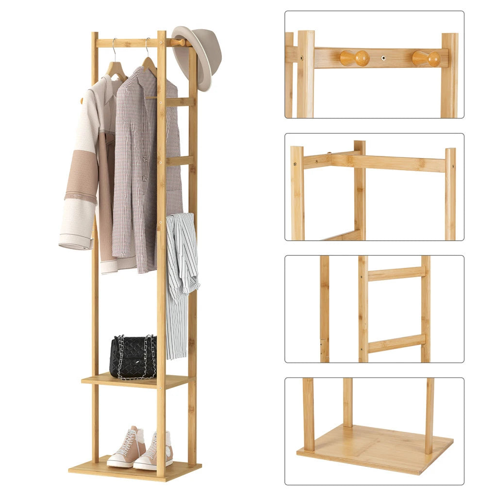 Bamboo Garment Rack with Shelves Freestanding Clothes Rail Coat Stand 155 cm