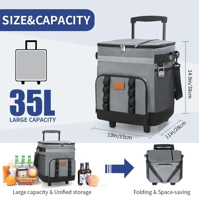 Rolling Cooler Bag Insulated Wheeled Picnic Tote With Trolley Handle – Grey