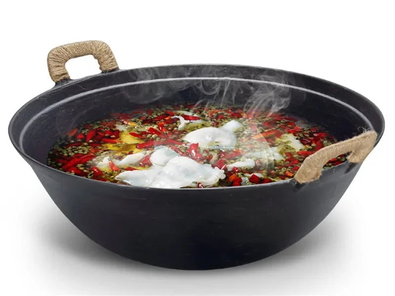 Cast Iron Wok Pot 36cm Round Bottom Non Coated Cooking Pot with Lid