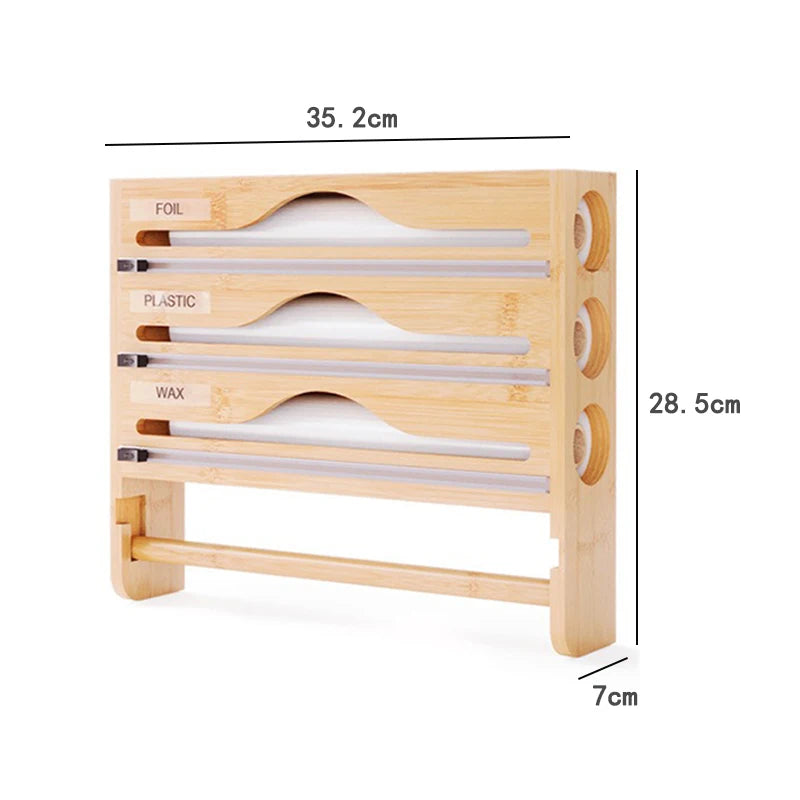 Kitchen Organizer Portable Bamboo Wrap Dispenser Cutter Box 3 Compartment Wall Mounted Storage