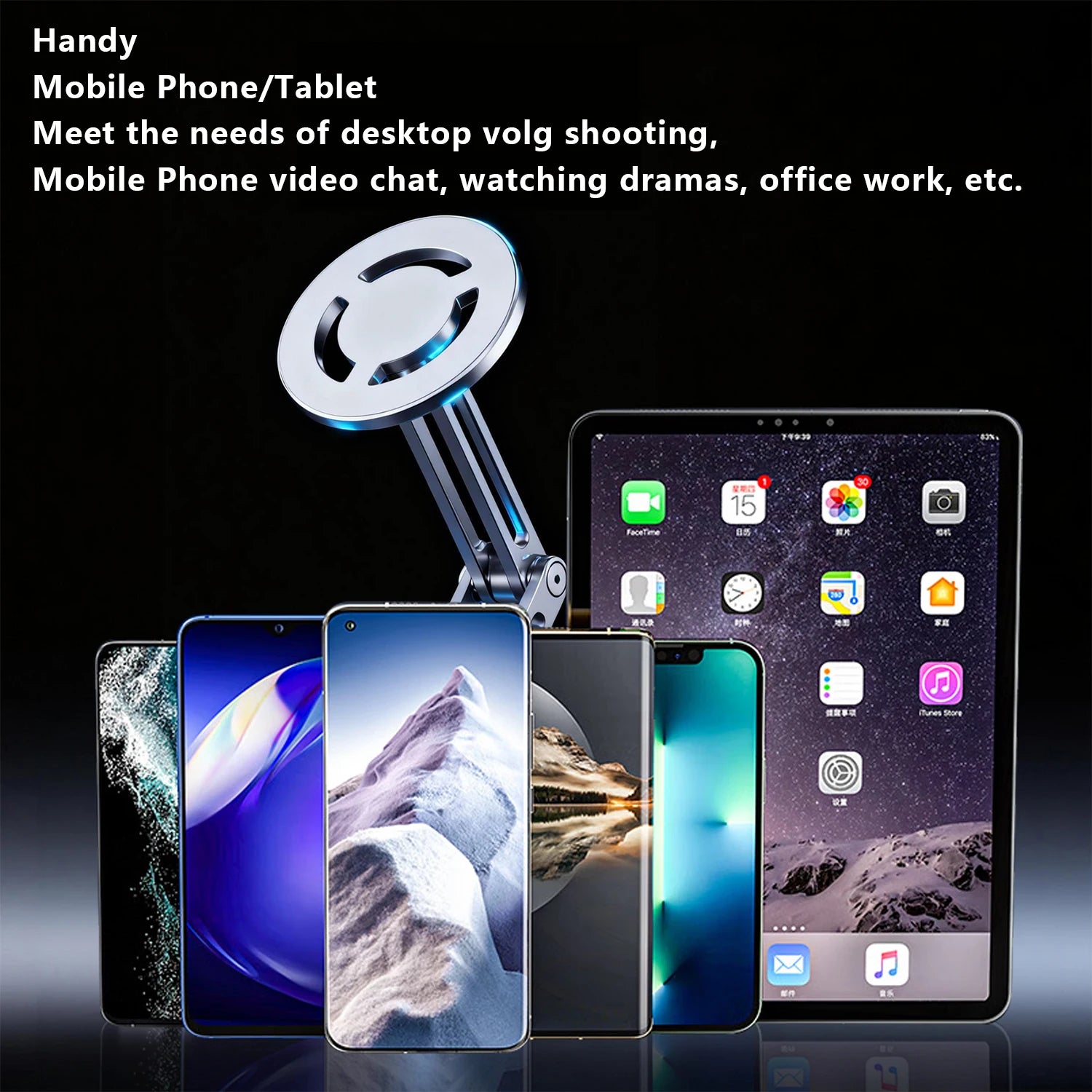 Phone Holder Foldable 360 Degree Rotating Aluminium Desk Stand Tripod Mount - Black