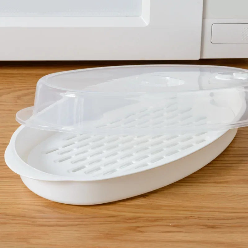 Microwave Steamer Plate with Lid Large Fish Steaming Tray Food Steamer – White