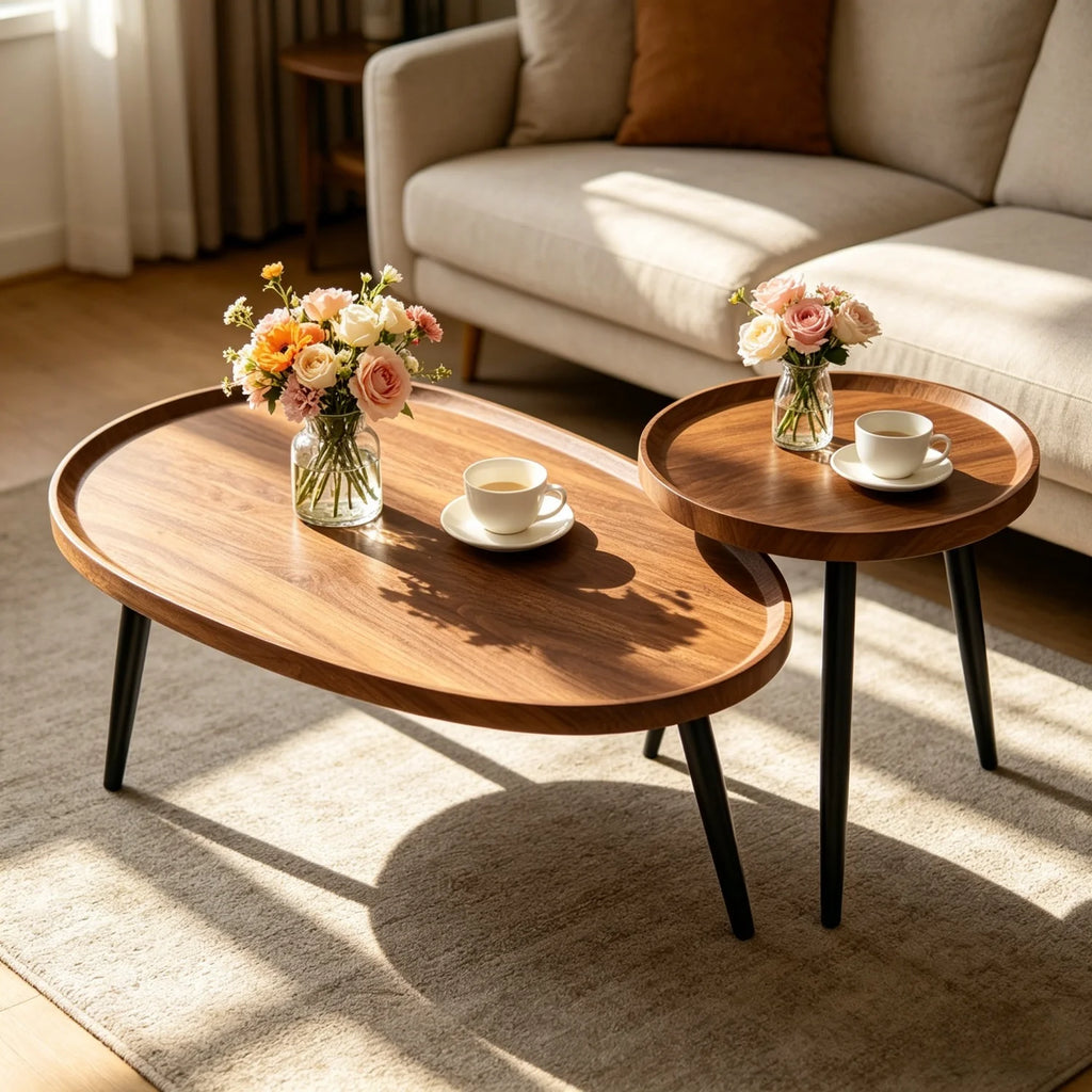 Coffee Table Set of 2 Drop Shape Nesting Wood Top Accent Tables – Walnut
