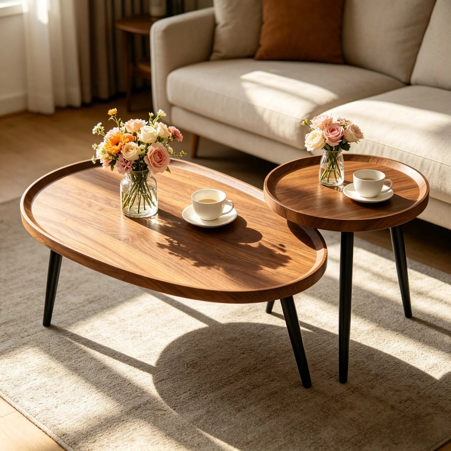 Coffee Table Set of 2 Drop Shape Nesting Wood Top Accent Tables – Walnut