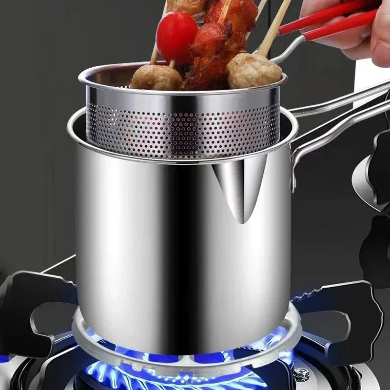 Deep Fryer Pot 12 cm Stainless Steel 3 Piece Set with Strainer and Clip for Induction Cooking