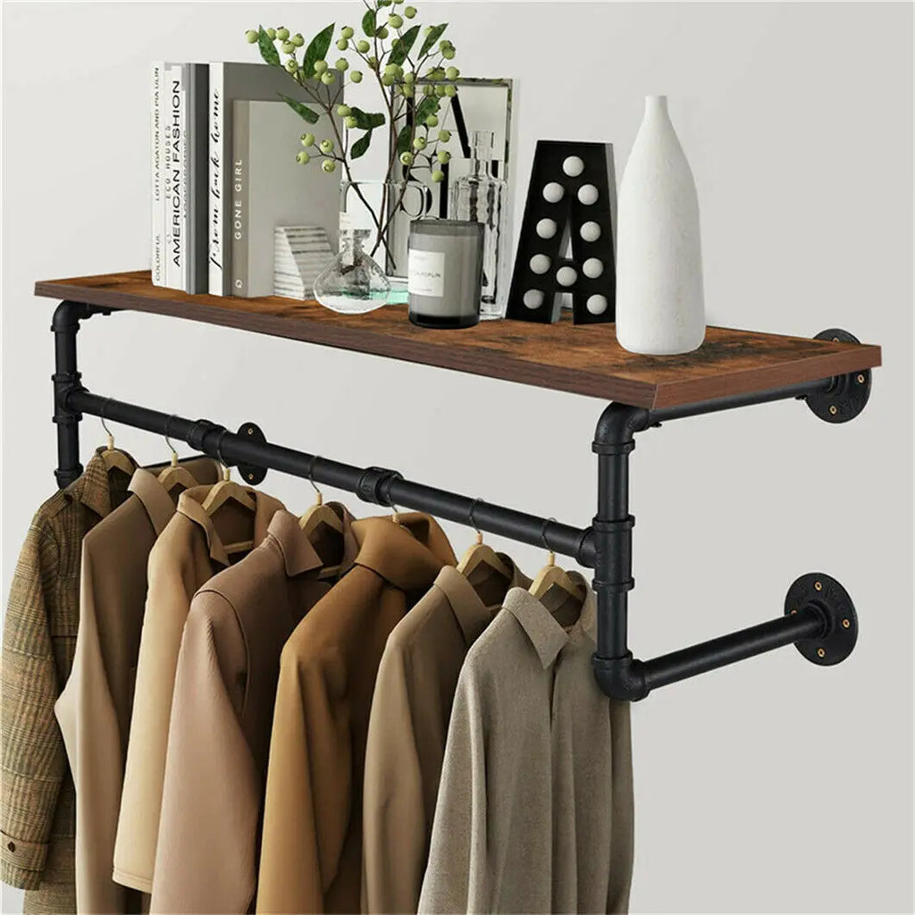 Garment Rack Wall Mounted Industrial Pipe Shelving Floating Clothing Display – Brown