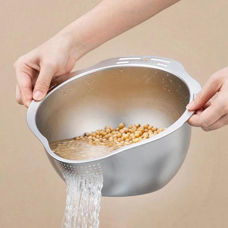Rice Washer Strainer Bowl 304 Stainless Steel Washing Basin for Rice Fruits Vegetables and Grains – Silver