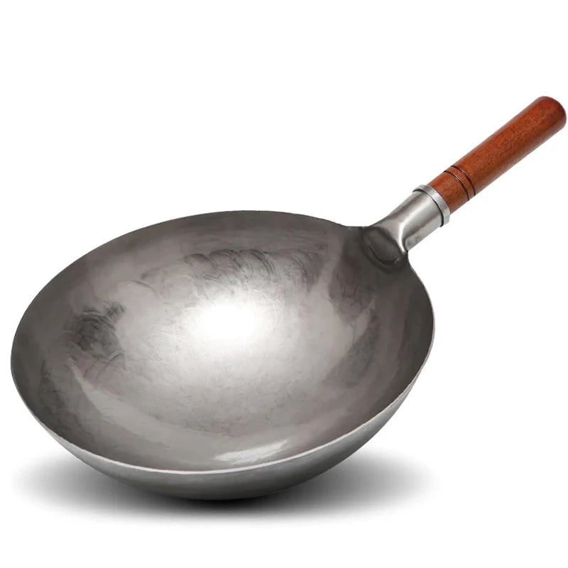 Hand Hammered Iron Wok 30cm Traditional Non-Coated Stir Fry Pan with Wooden Handle