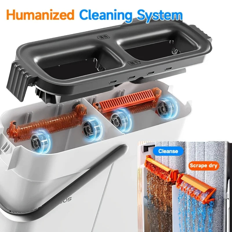 Portable Flat Mop Bucket Set with 2 Microfibre Mop Pads Hands-Free Floor Cleaning System