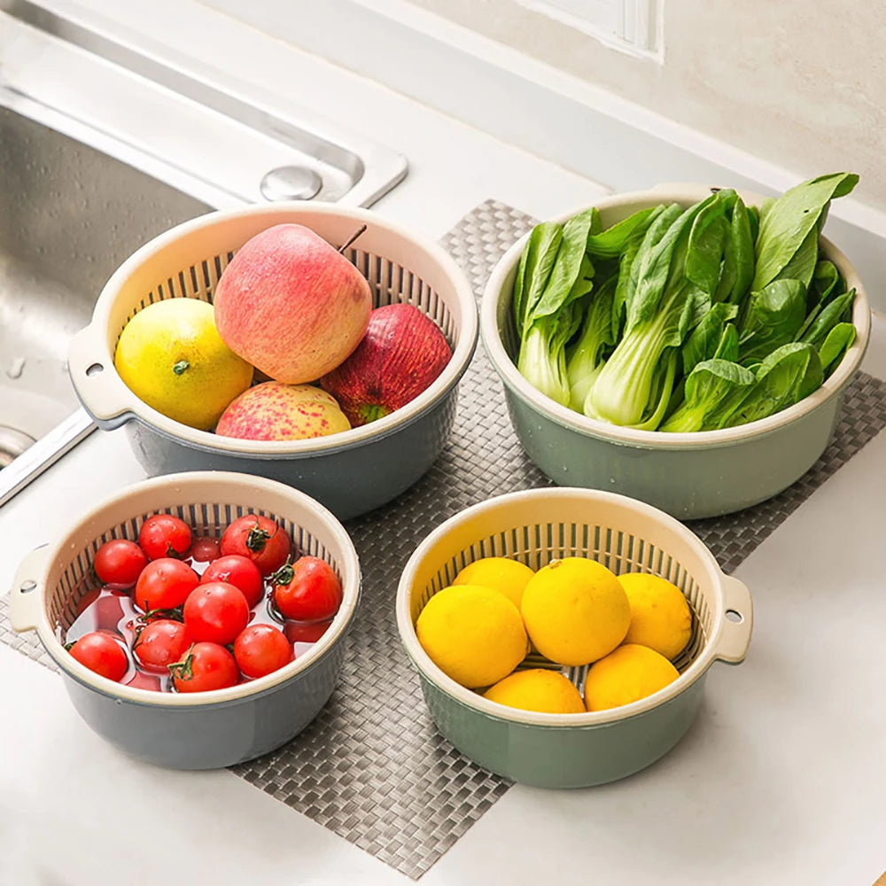Double Layer Fruit and Vegetable Washing Basket Drain Tray – Green