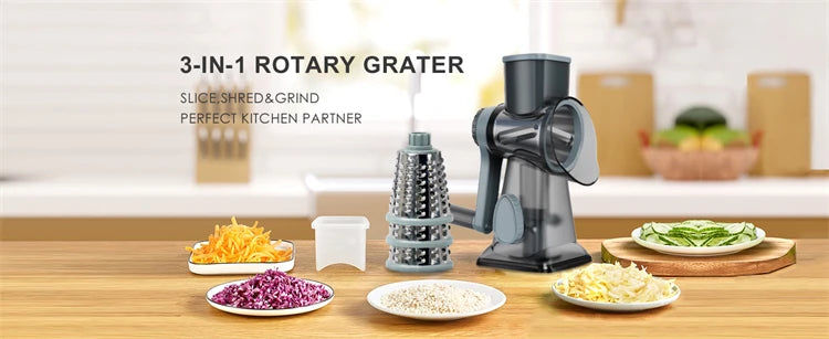 3-in-1 Rotary Cheese Grater with Manual Handle and Interchangeable Drums – White