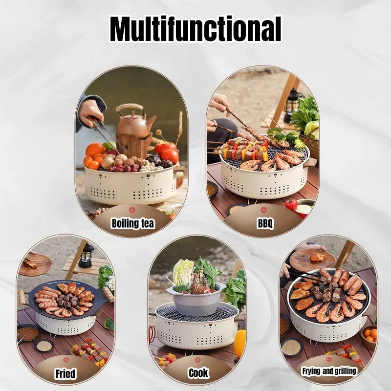 Portable Charcoal BBQ Grill 31cm Round Camping Barbecue Stove – Khaki