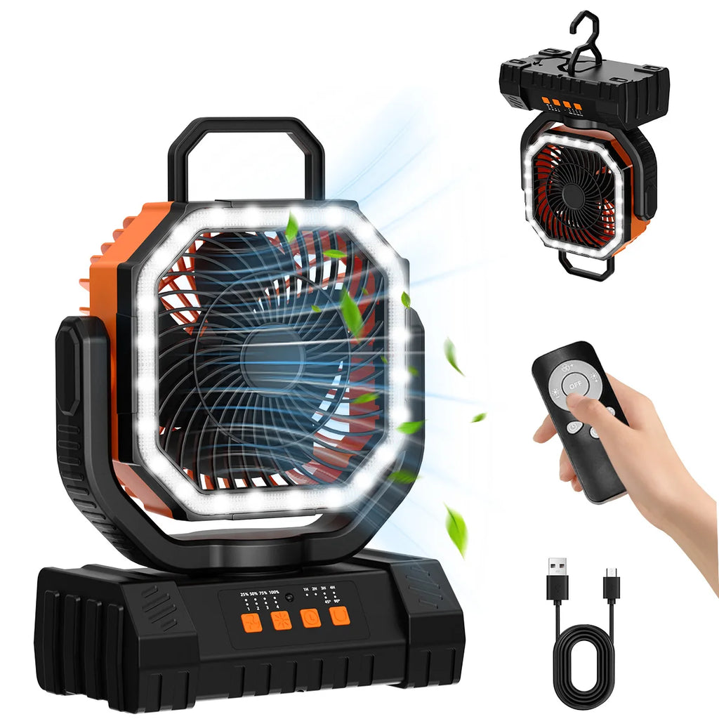 Camping Fan 20000mAh Rechargeable Portable Tent Air Circulator with LED Light – Orange