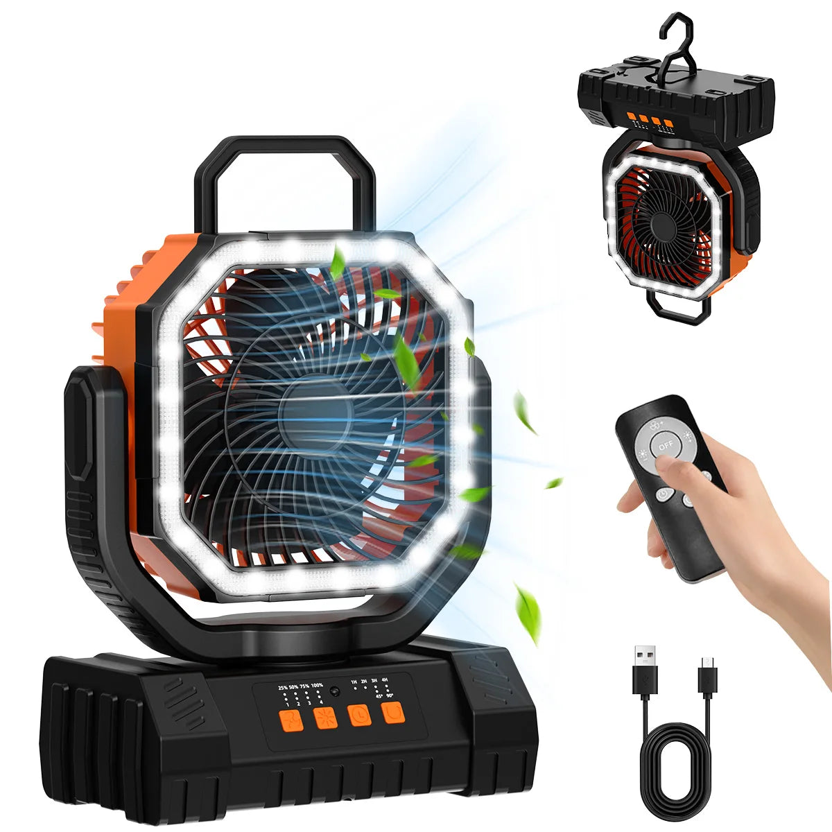 Camping Fan 20000mAh Rechargeable Portable Tent Air Circulator with LED Light – Orange