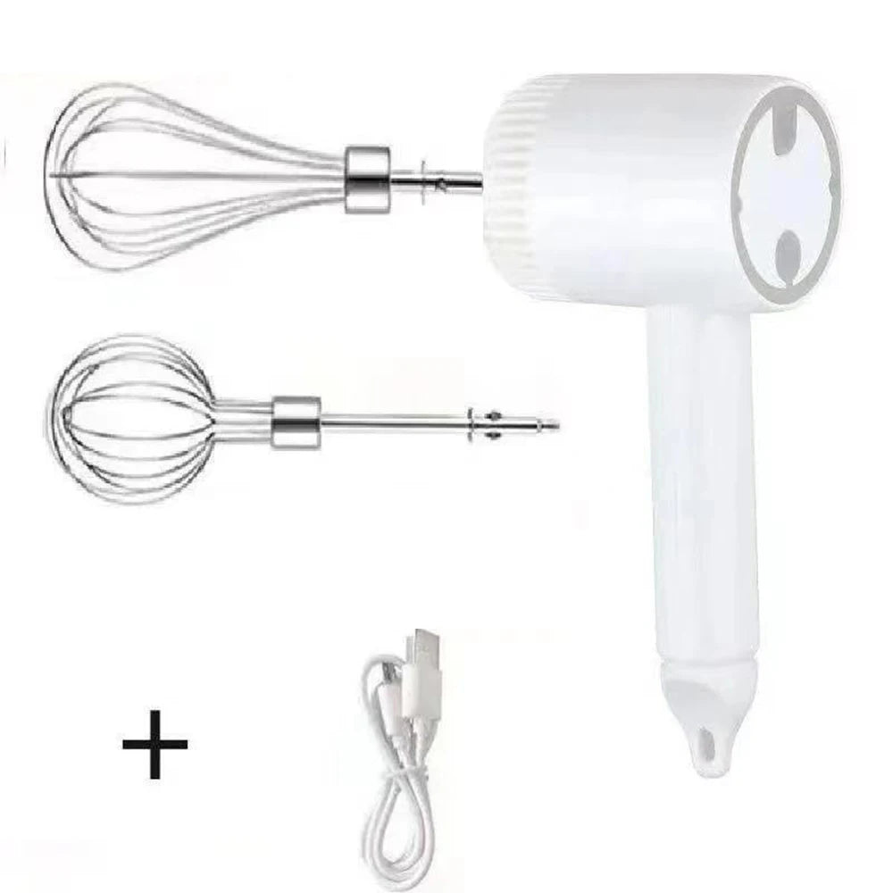 Wireless Electric Food Mixer USB Rechargeable Hand Mixer 3 Speed Egg Beater with Dual Whisks – White