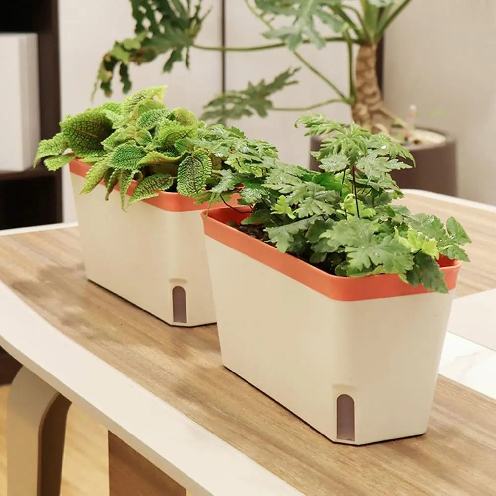 Self Watering Rectangular Planter Box Double Layer Indoor Flower Pot with Water Level Window – Brown