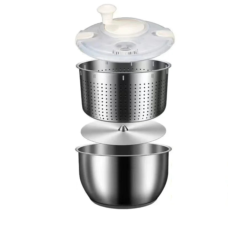 Stainless Steel Salad Spinner with Manual Spin Lid and Removable Drainer Basket