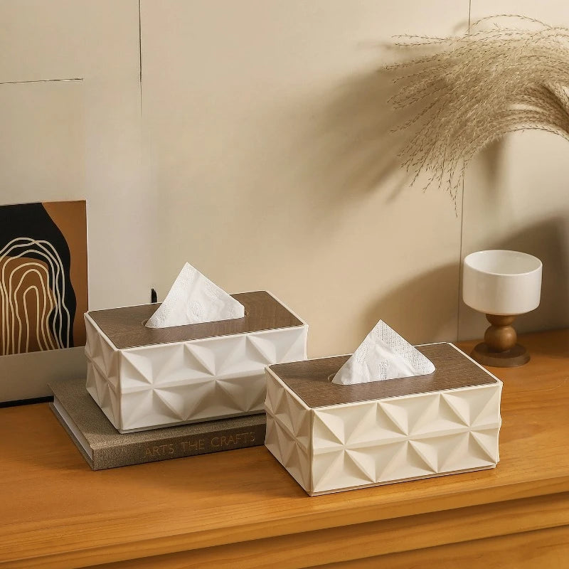 Large Capacity Ripple Tissue Box Cover with Wooden Lid Modern Desktop Tissue Holder Home Organizer – Green