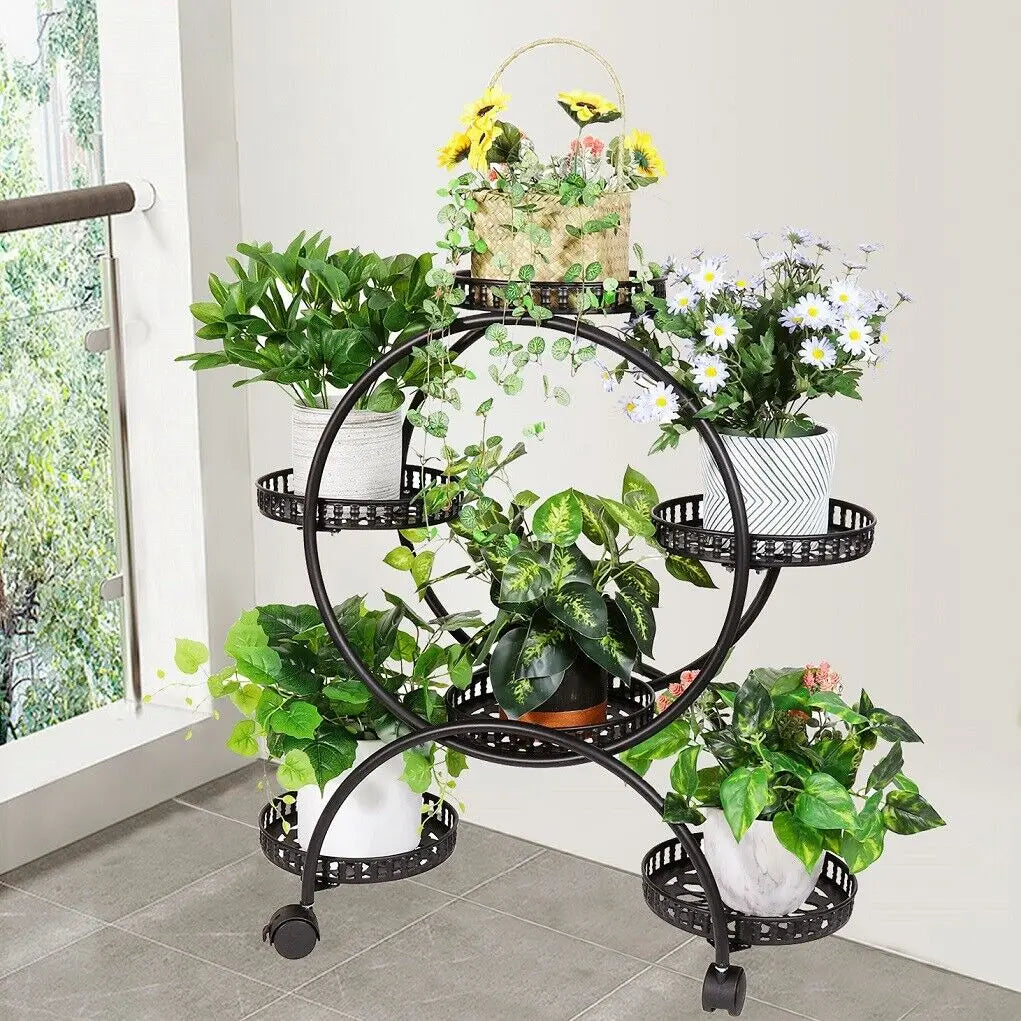 6 Pot Metal Plant Stand with Wheels 4 Tier Flower Display Rack Rolling Plant Shelf – Black