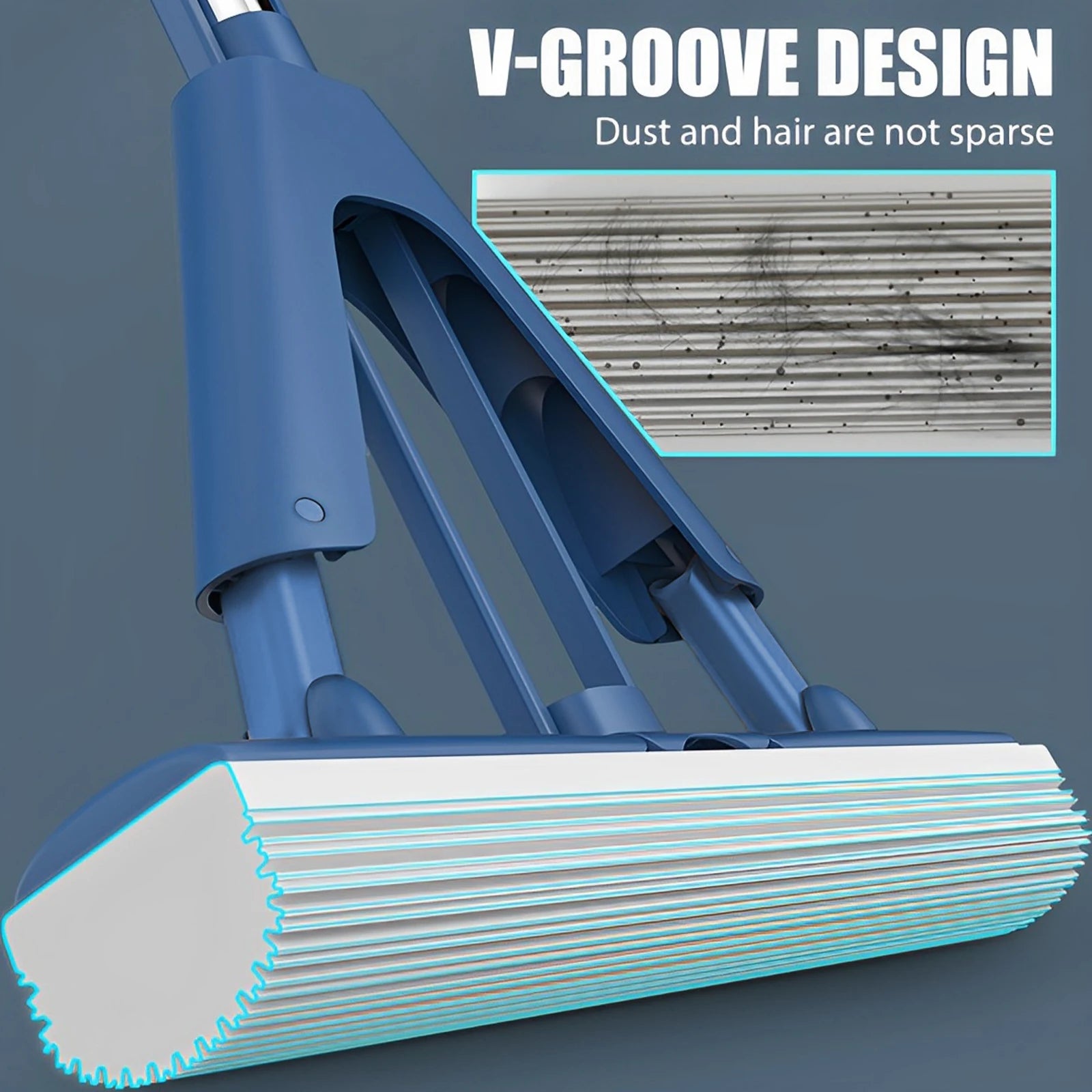 Foldable Self-Draining Sponge Mop with Telescopic Handle 96–128cm and 2 Replacement Heads - Blue
