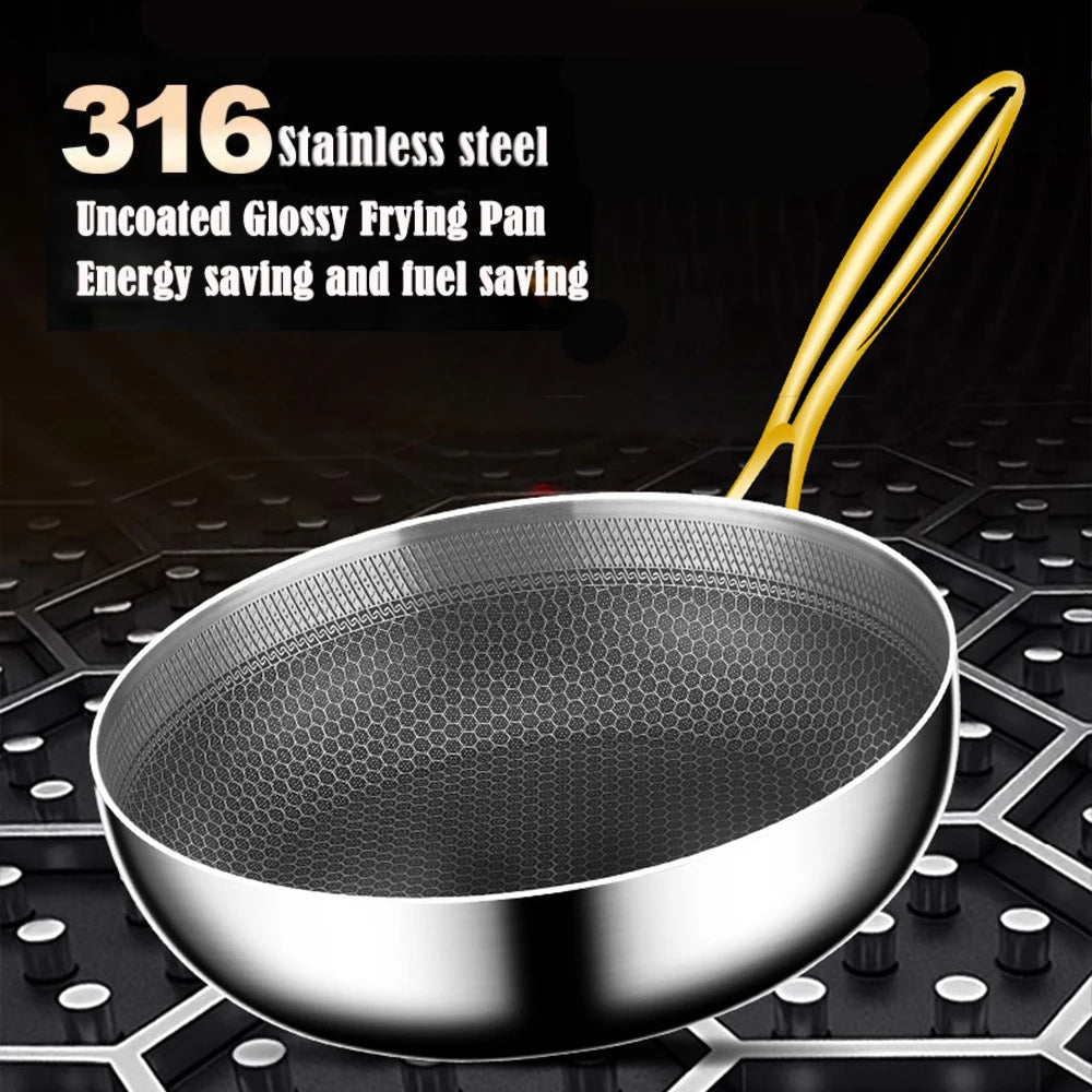 316 Stainless Steel Frying Pan – 22CM Honeycomb Non-Stick Wok – 7-Ply Chef Pan – Gas & Induction Compatible
