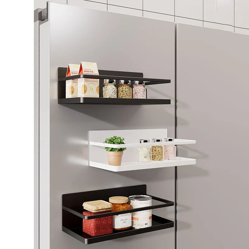 Magnetic Refrigerator Spice Rack Single Tier Metal Storage Shelf Kitchen Organizer – Black
