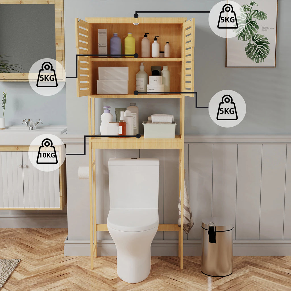 Over the Toilet Storage Cabinet with Adjustable Shelves Freestanding Bamboo Bathroom Organizer – Natural Wood