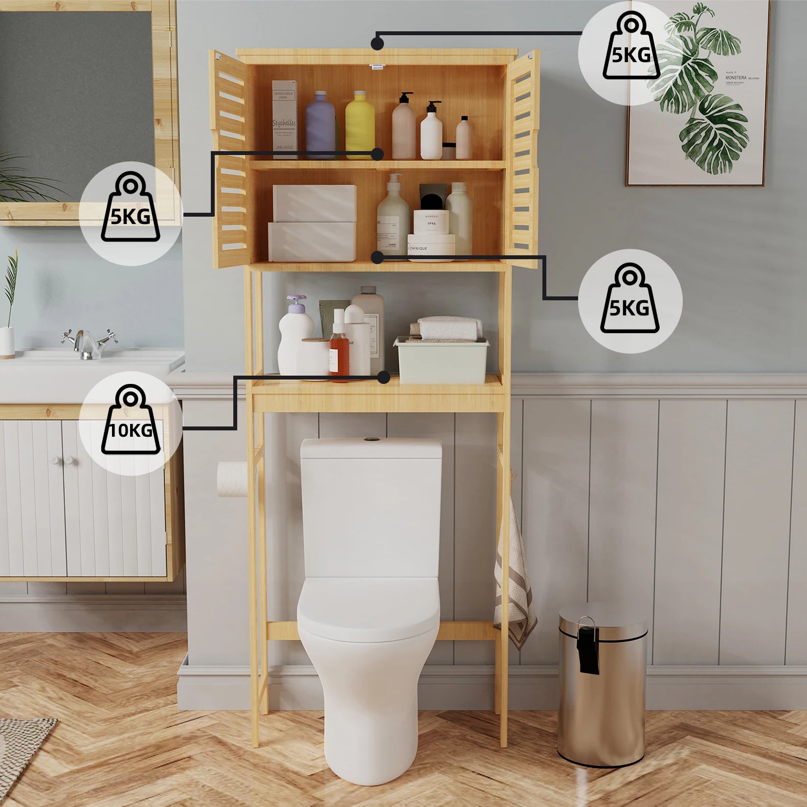Over the Toilet Storage Cabinet with Adjustable Shelves Freestanding Bamboo Bathroom Organizer – Natural Wood